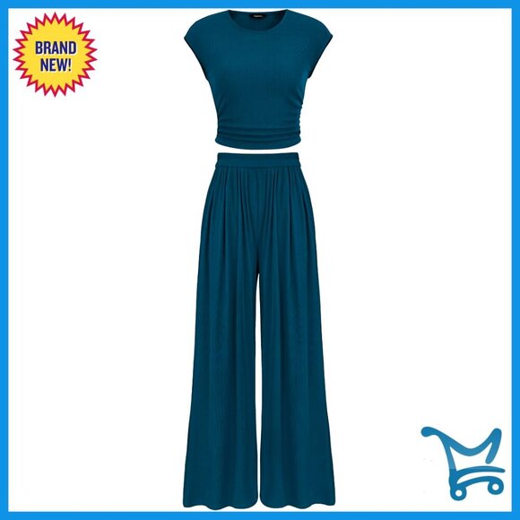 Pants - Ribbed Knit Two Piece Set Cap Sleeve Crop Top Wide Leg Palazzo Pants